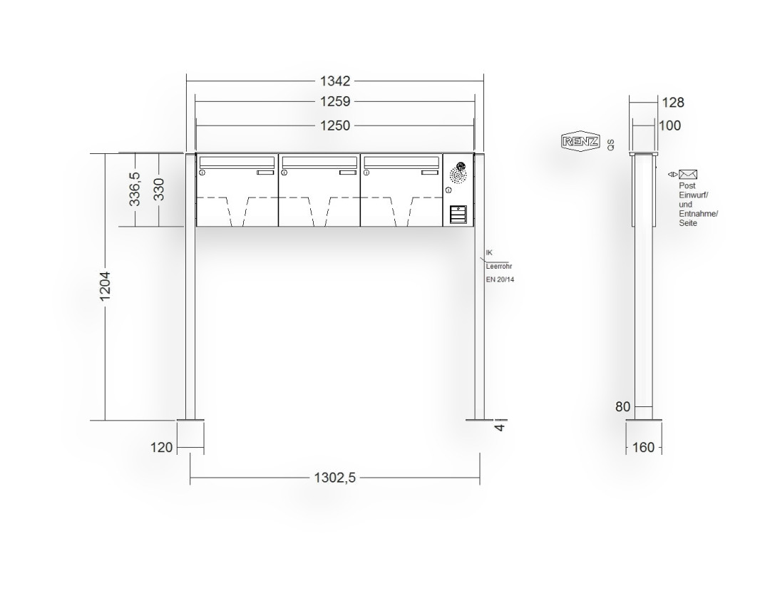 RENZ Briefkastenanlage freistehend · BASIC (B) · 3-teilig 370 × 330 × 100 mm FS. Typ B Installationskasten rechts lackiert mit Fu RENZ Briefkastenanlage freistehend · BASIC (B) · 3-teilig 370 × 330 × 100 mm FS. Typ B Installationskasten rechts