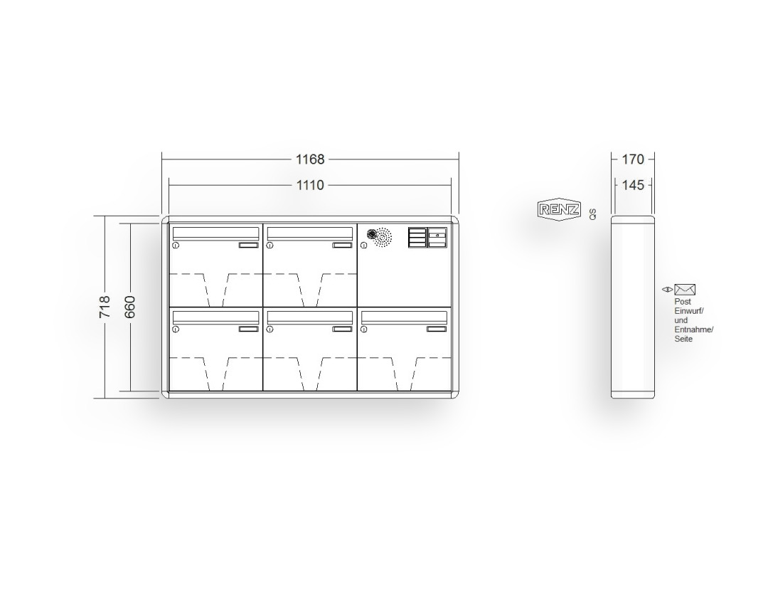 RENZ Briefkastenanlage Aufputz · 5-teilig Installationskasten rechts 370 × 330 × 145 mm RS 2000 lackiert RENZ Briefkastenanlage Aufputz · 5-teilig Installationskasten rechts 370 × 330 × 145 mm RS 2000 lackiert