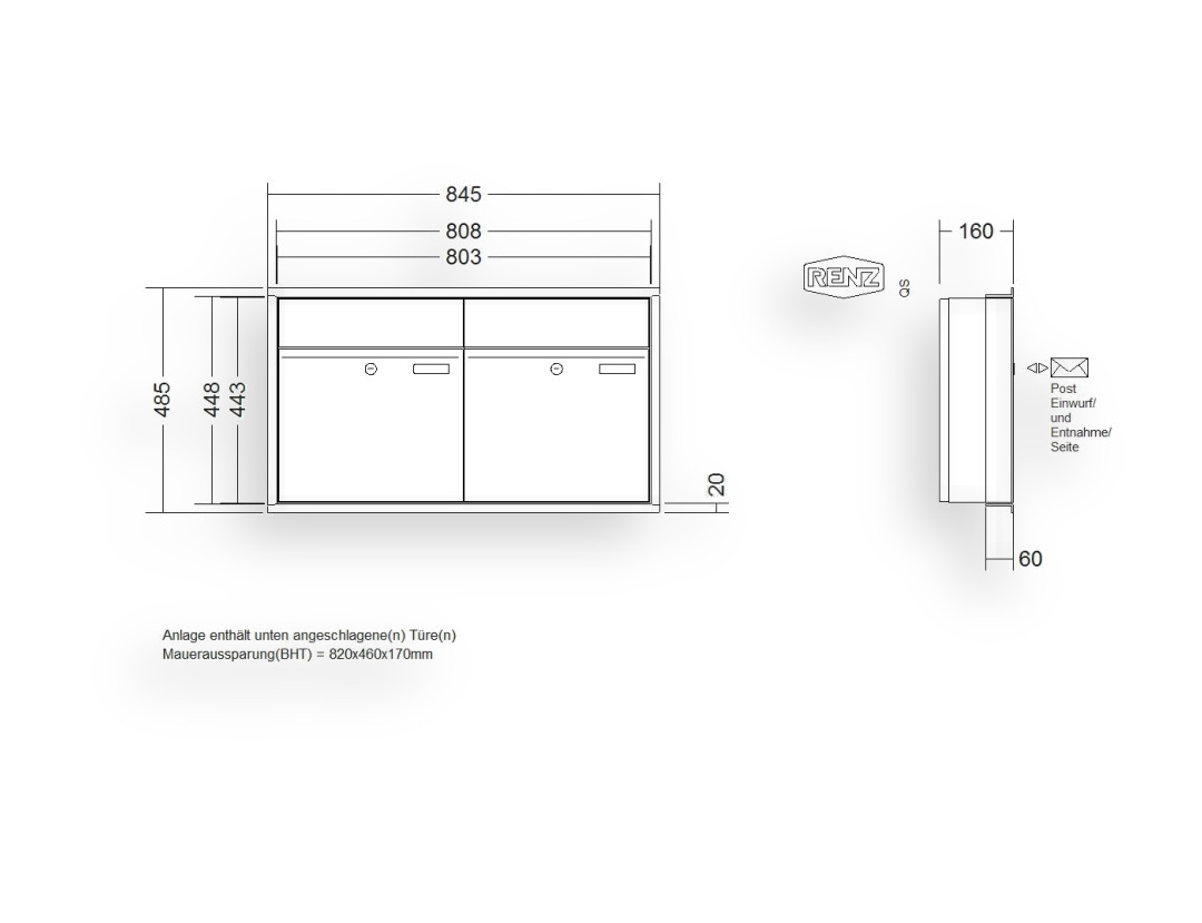 RENZ Briefkastenanlage Unterputz · 2-teilig RENZ PLAN 400 × 440 × 160 mm UP Edelstahl RENZ Briefkastenanlage Unterputz · 2-teilig RENZ PLAN 400 × 440 × 160 mm UP Edelstahl
