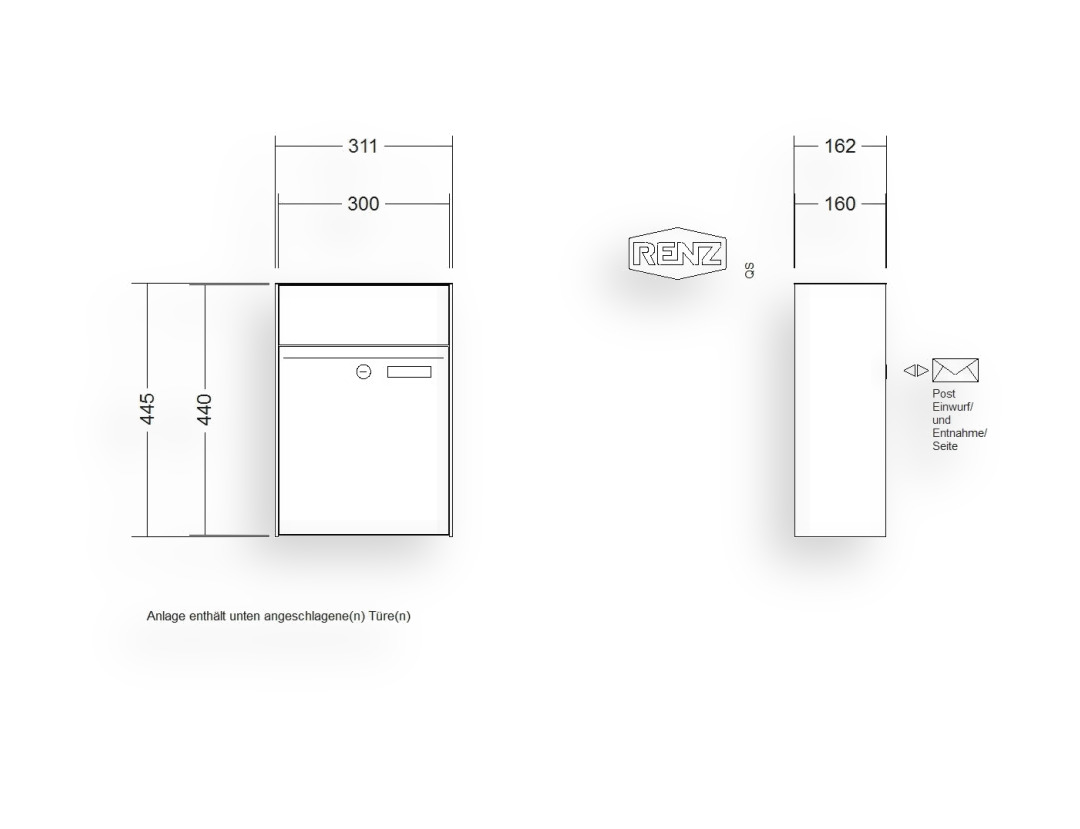 RENZ Briefkastenanlage Aufputz · 1-teilig RENZ PLAN 300 × 440 × 160 mm AP lackiert RENZ Briefkastenanlage Aufputz · 1-teilig RENZ PLAN 300 × 440 × 160 mm AP lackiert