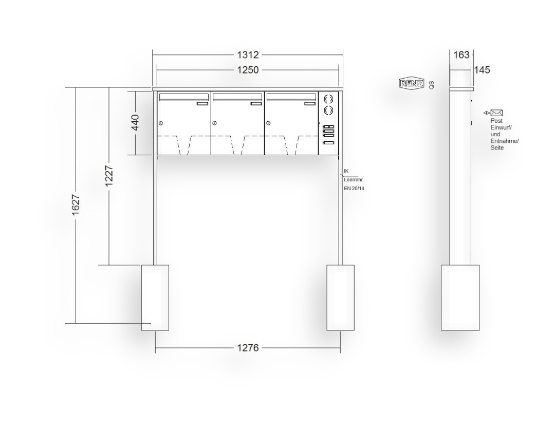 RENZ Briefkastenanlage freistehend · 3-teilig Installationskasten rechts 370 × 440 × 145 mm Edelstahl Tetro RENZ Briefkastenanlage freistehend · 3-teilig Installationskasten rechts 370 × 440 × 145 mm Edelstahl Tetro