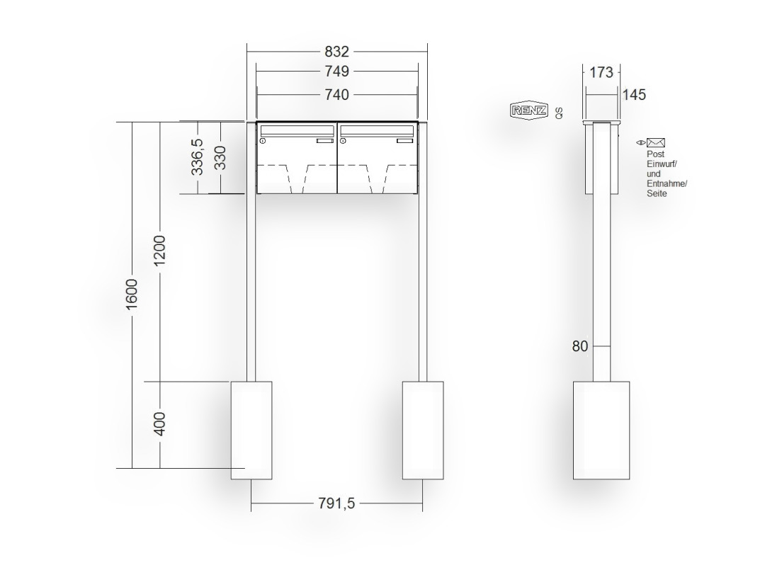 RENZ Briefkastenanlage freistehend · BASIC (B) · 2-teilig 370 × 330 × 145 mm FS. Typ B lackiert RENZ Briefkastenanlage freistehend · BASIC (B) · 2-teilig 370 × 330 × 145 mm FS. Typ B lackiert