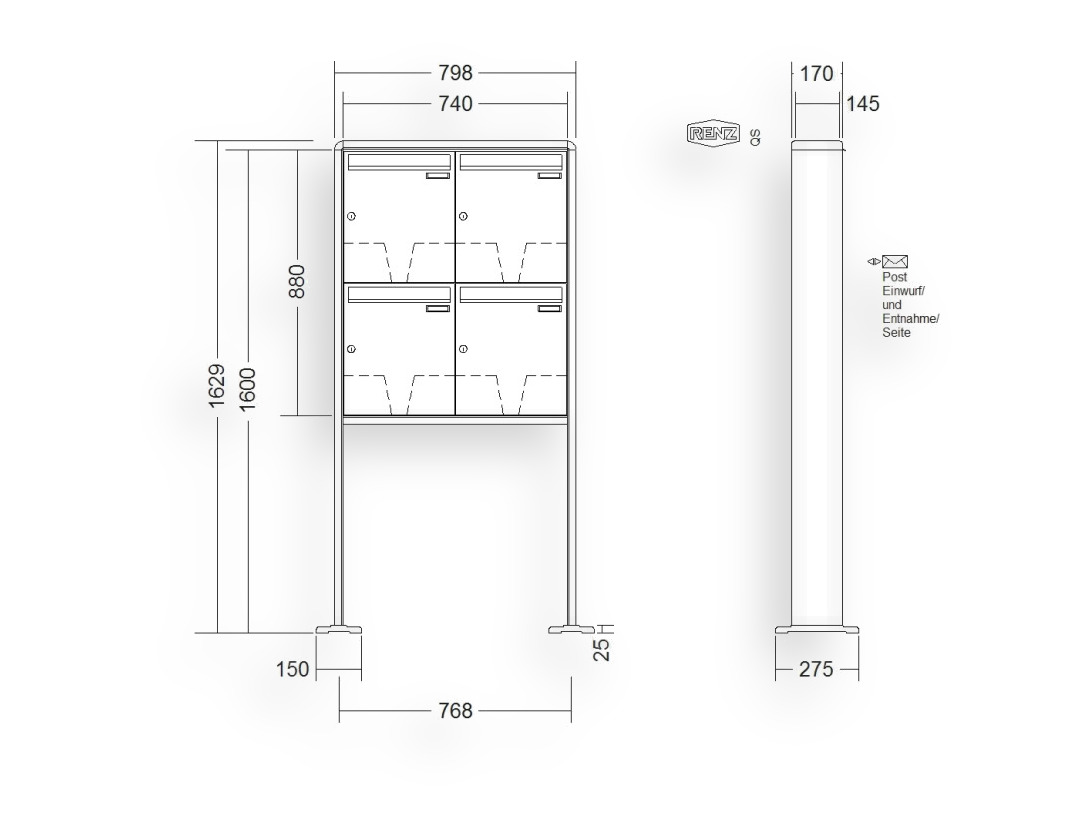 RENZ Briefkastenanlage freistehend · 4-teilig 370 × 440 × 145 mm RS 2000 lackiert mit Fußplatten RENZ Briefkastenanlage freistehend · 4-teilig 370 × 440 × 145 mm RS 2000 lackiert mit Fußplatten