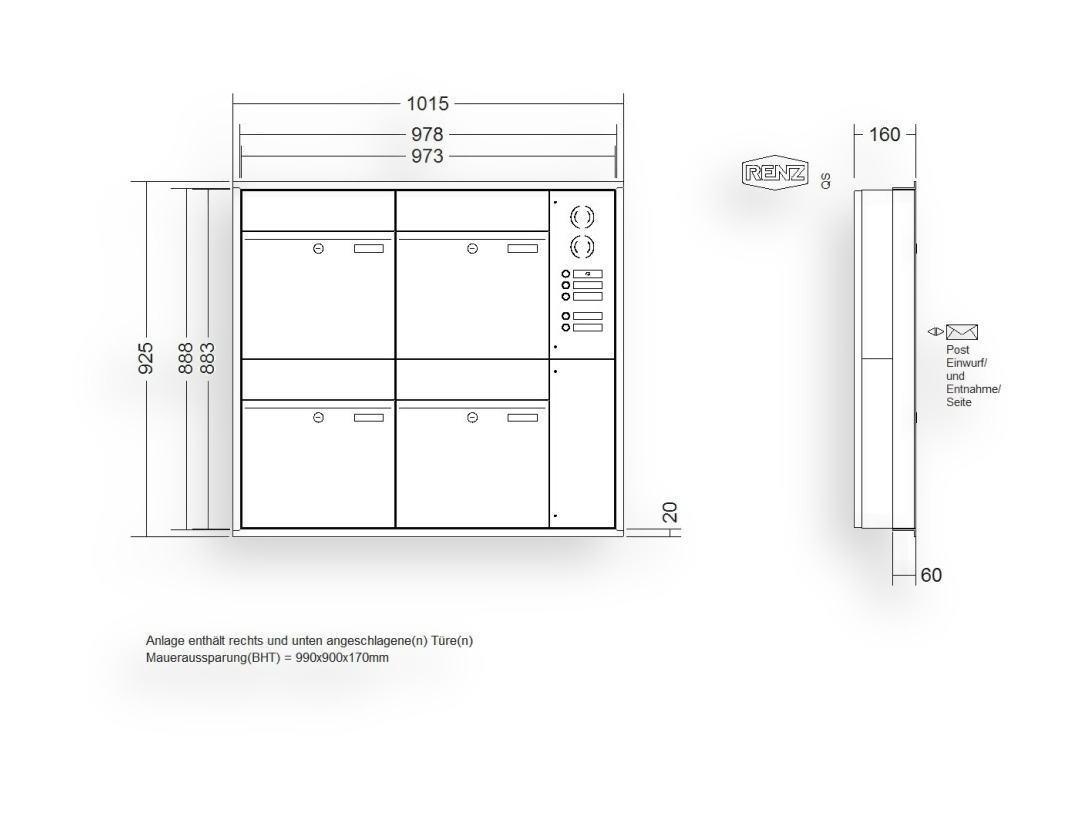 RENZ Briefkastenanlage Unterputz · 4-teilig RENZ PLAN 400 × 440 × 160 mm UP Installationskasten rechts lackiert RENZ Briefkastenanlage Unterputz · 4-teilig RENZ PLAN 400 × 440 × 160 mm UP Installationskasten rechts lackiert
