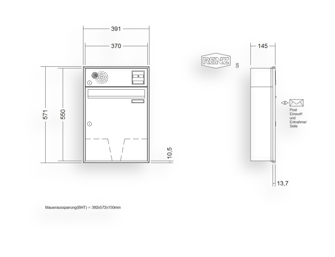 RENZ Briefkastenanlage Unterputz · Schattenfugenrahmen · 1-teilig Installationskasten oben 370 × 440 × 145 mm RS50 Anp. Schatt. fu RENZ Briefkastenanlage Unterputz · Schattenfugenrahmen · 1-teilig Installationskasten oben 370 × 440 × 145 mm RS50
