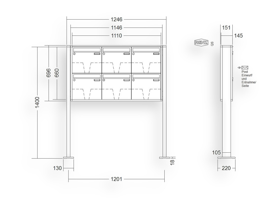 RENZ Briefkastenanlage freistehend · 6-teilig 370 × 330 × 145 mm QUADRA lackiert mit Fußplatten RENZ Briefkastenanlage freistehend · 6-teilig 370 × 330 × 145 mm QUADRA lackiert mit Fußplatten