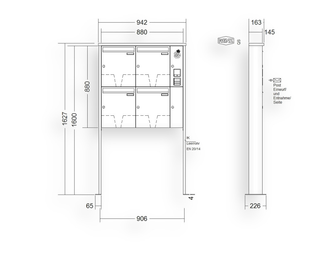 RENZ Briefkastenanlage freistehend · 4-teilig Installationskasten rechts 370 × 440 × 145 mm Tetro lackiert mit Fuß RENZ Briefkastenanlage freistehend · 4-teilig Installationskasten rechts 370 × 440 × 145 mm Tetro lackiert mit Fuß