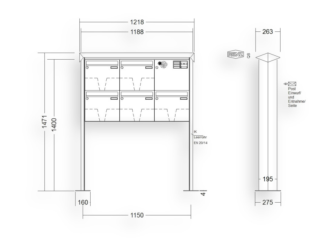 RENZ Briefkastenanlage freistehend · 5-teilig Installationskasten rechts 370 × 330 × 145 mm Prisma lackiert mit Fuß RENZ Briefkastenanlage freistehend · 5-teilig Installationskasten rechts 370 × 330 × 145 mm Prisma lackiert mit Fuß