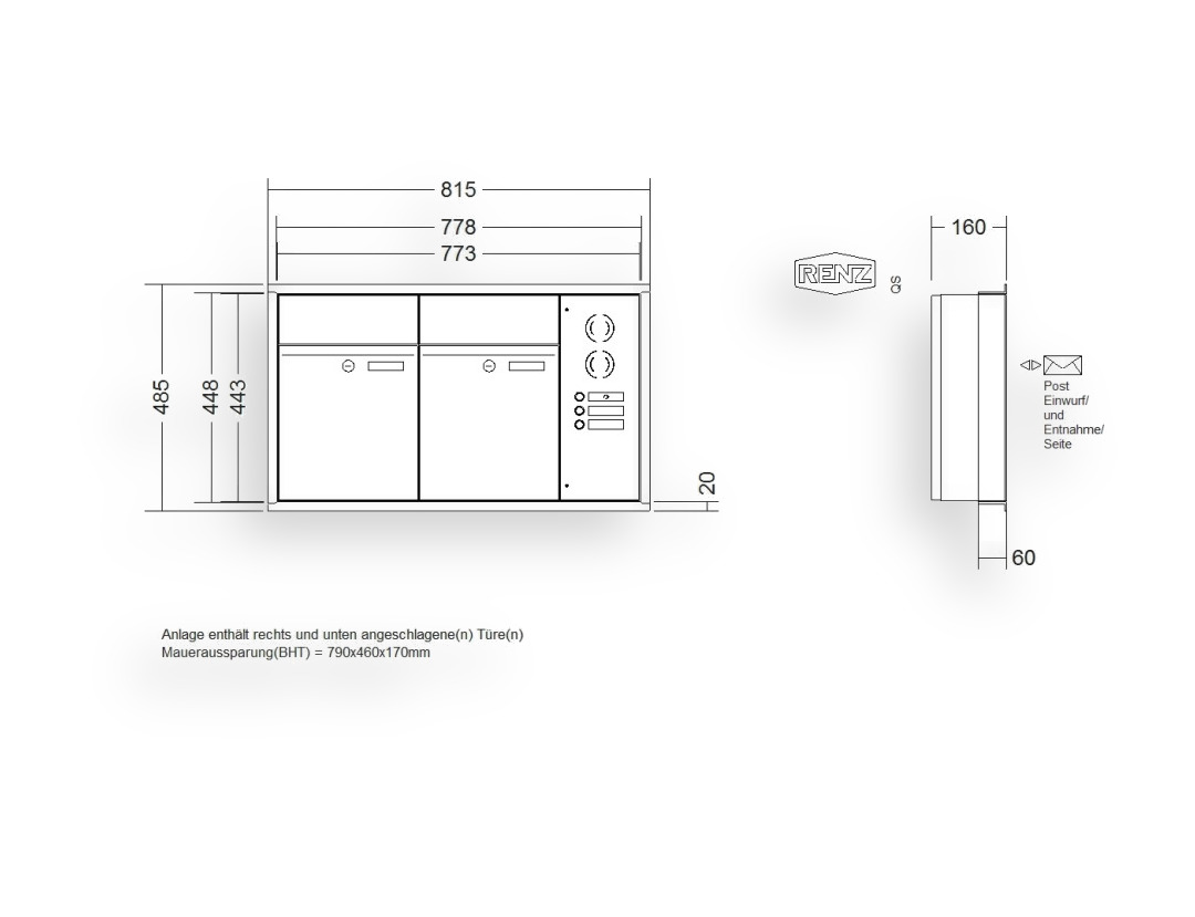RENZ Briefkastenanlage Unterputz · 2-teilig RENZ PLAN 300 × 440 × 160 mm UP Installationskasten rechts Edel RENZ Briefkastenanlage Unterputz · 2-teilig RENZ PLAN 300 × 440 × 160 mm UP Installationskasten rechts Edel