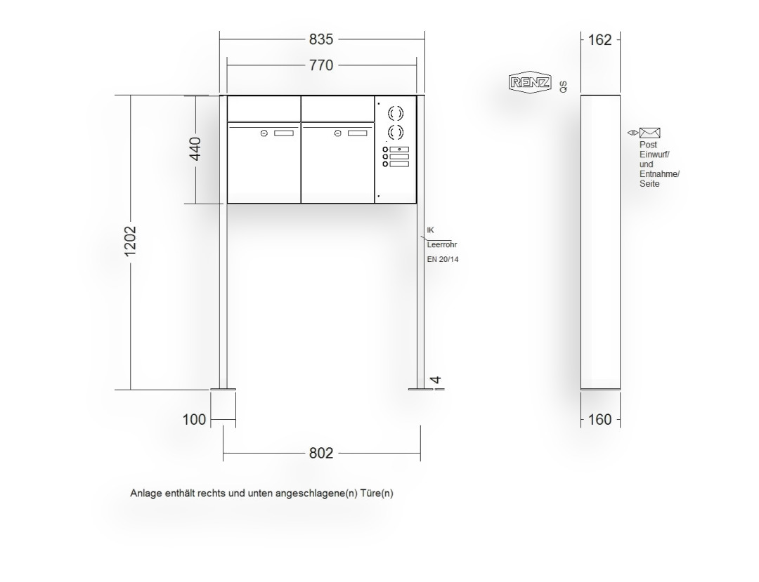 RENZ Briefkastenanlage freistehend · 2-teilig RENZ PLAN 300 × 440 × 160 mm FS Installationskasten rechts Edel. mit RENZ Briefkastenanlage freistehend · 2-teilig RENZ PLAN 300 × 440 × 160 mm FS Installationskasten rechts Edel. mit