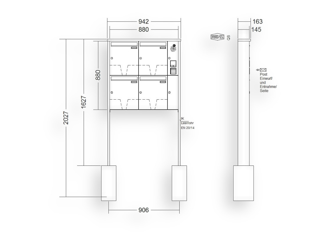 RENZ Briefkastenanlage freistehend · 4-teilig Installationskasten rechts 370 × 440 × 145 mm Tetro lackiert RENZ Briefkastenanlage freistehend · 4-teilig Installationskasten rechts 370 × 440 × 145 mm Tetro lackiert