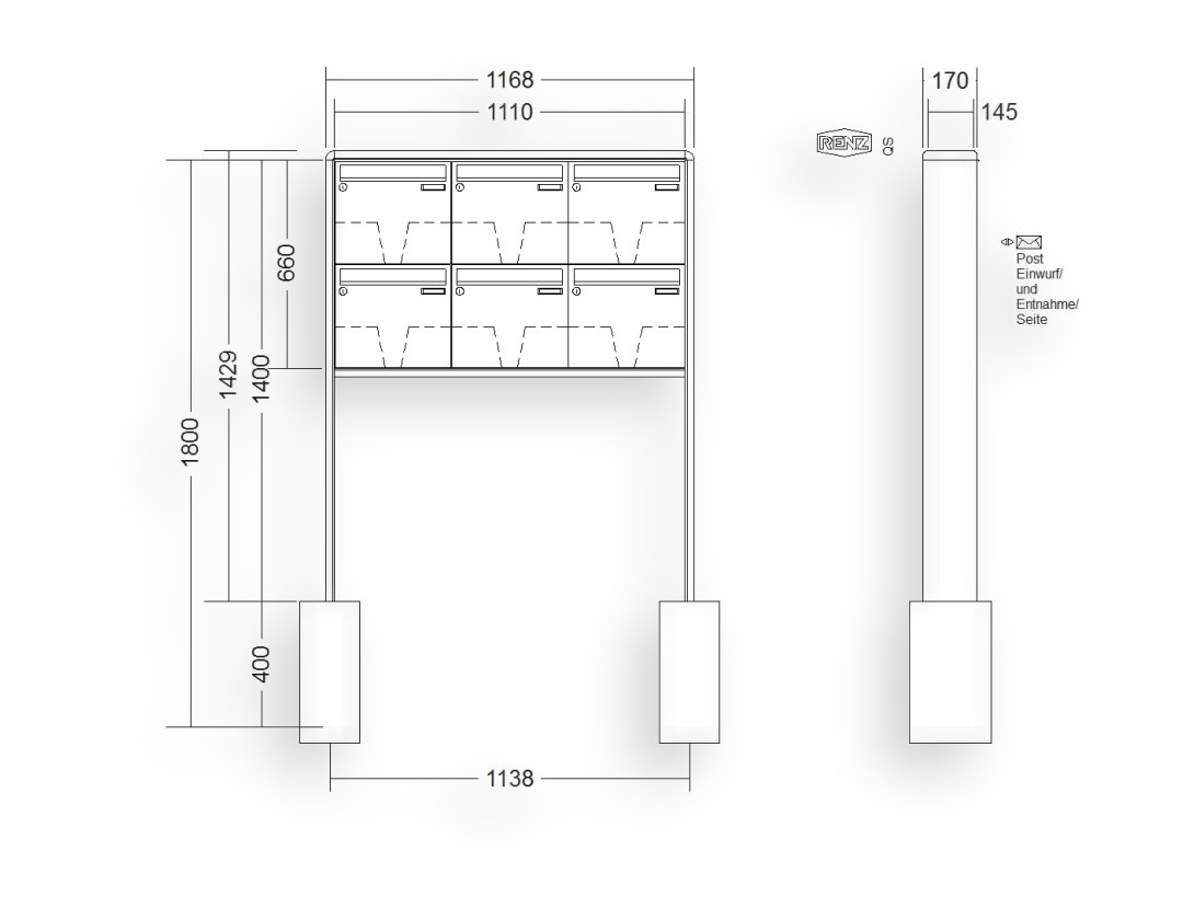 RENZ Briefkastenanlage freistehend · 6-teilig 370 × 330 × 145 mm RS 2000 lackiert RENZ Briefkastenanlage freistehend · 6-teilig 370 × 330 × 145 mm RS 2000 lackiert