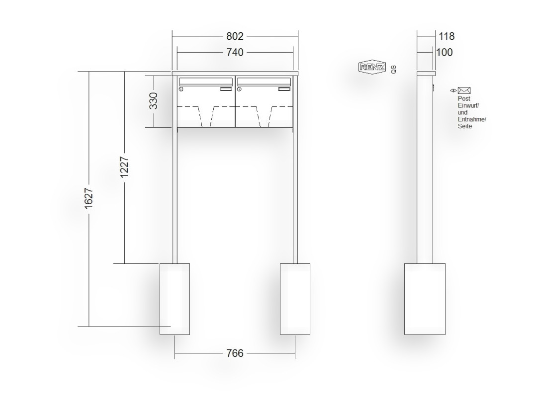 RENZ Briefkastenanlage freistehend · 2-teilig 370 × 330 × 100 mm Edelstahl Tetro RENZ Briefkastenanlage freistehend · 2-teilig 370 × 330 × 100 mm Edelstahl Tetro