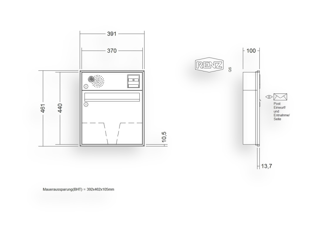 RENZ Briefkastenanlage Unterputz · Schattenfugenrahmen · 1-teilig Installationskasten oben 370 × 330 × 100 mm Anp. Schattenfugenr RENZ Briefkastenanlage Unterputz · Schattenfugenrahmen · 1-teilig Installationskasten oben 370 × 330 × 100 mm Anp.
