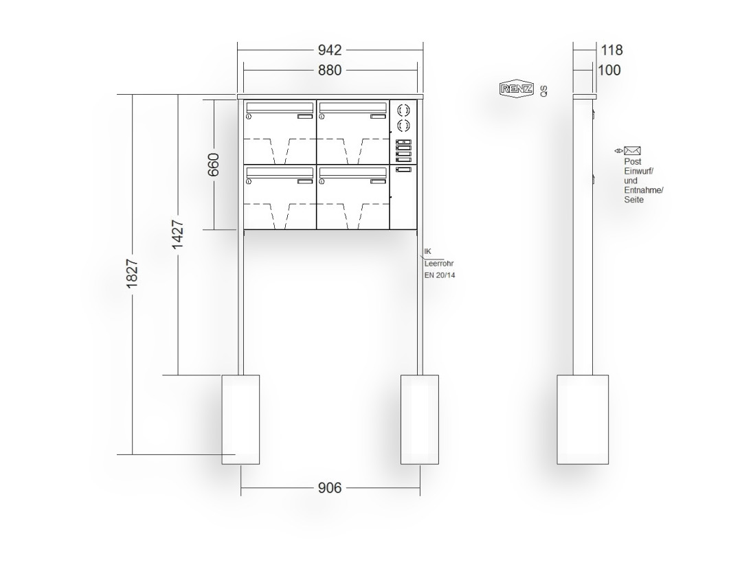 RENZ Briefkastenanlage freistehend · 4-teilig Installationskasten rechts 370 × 330 × 100 mm Edelstahl Tetro RENZ Briefkastenanlage freistehend · 4-teilig Installationskasten rechts 370 × 330 × 100 mm Edelstahl Tetro