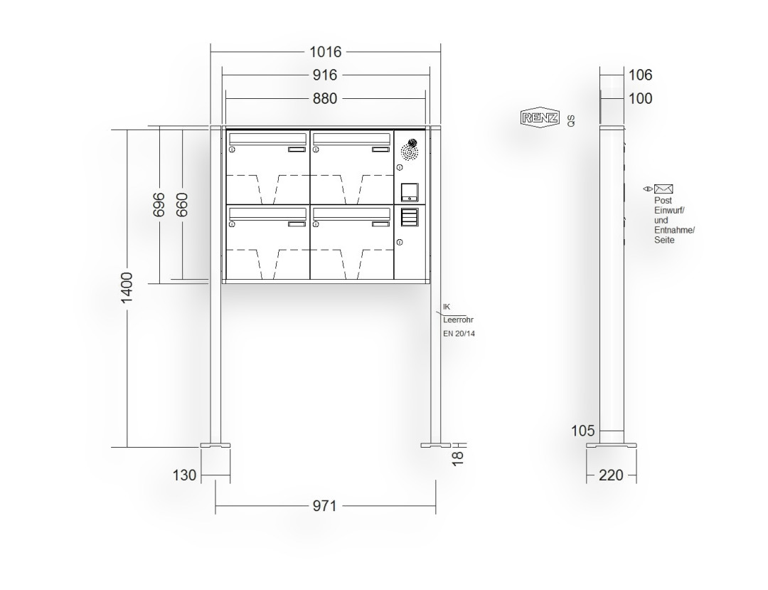 RENZ Briefkastenanlage freistehend · 4-teilig Installationskasten rechts 370 × 330 × 100 mm QUADRA lackiert mit Fußp RENZ Briefkastenanlage freistehend · 4-teilig Installationskasten rechts 370 × 330 × 100 mm QUADRA lackiert mit Fu