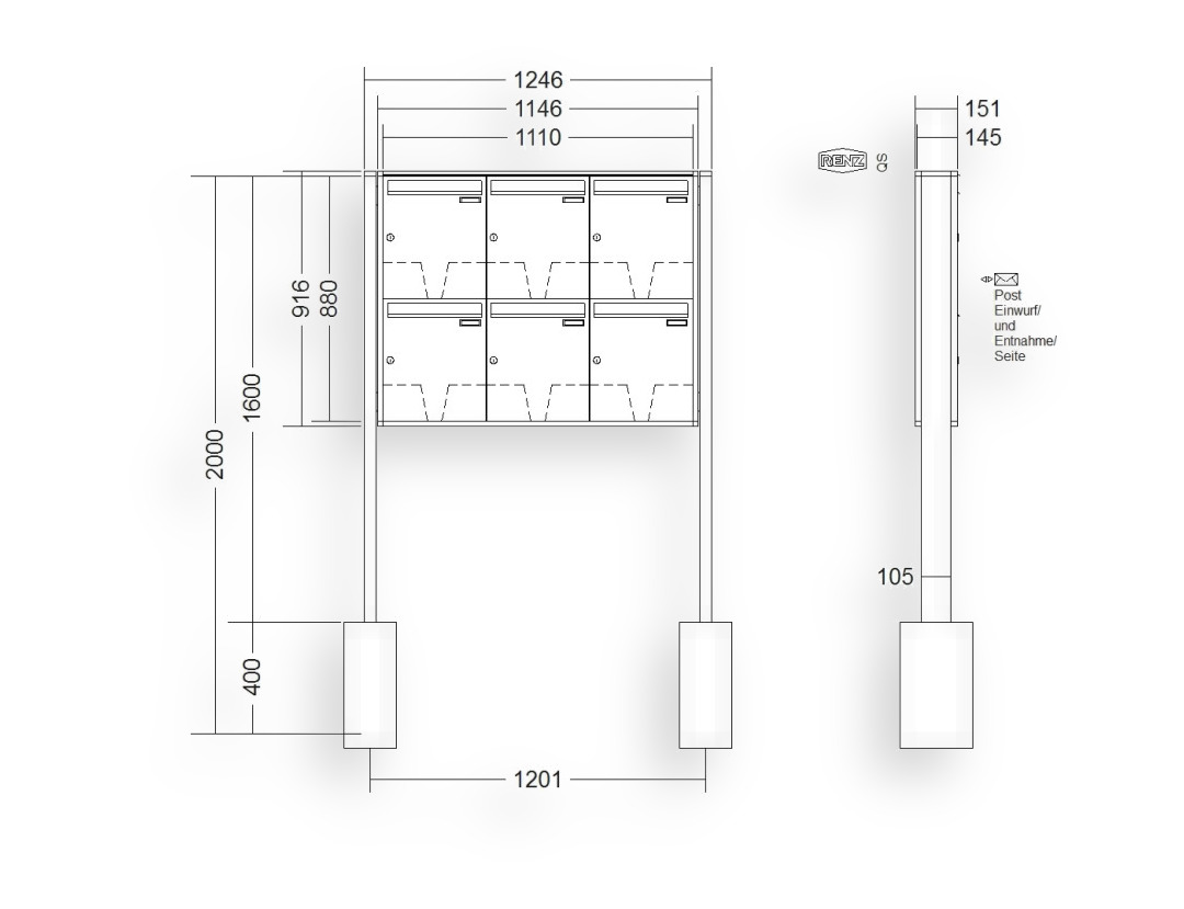 RENZ Briefkastenanlage freistehend · 6-teilig 370 × 440 × 145 mm QUADRA lackiert RENZ Briefkastenanlage freistehend · 6-teilig 370 × 440 × 145 mm QUADRA lackiert