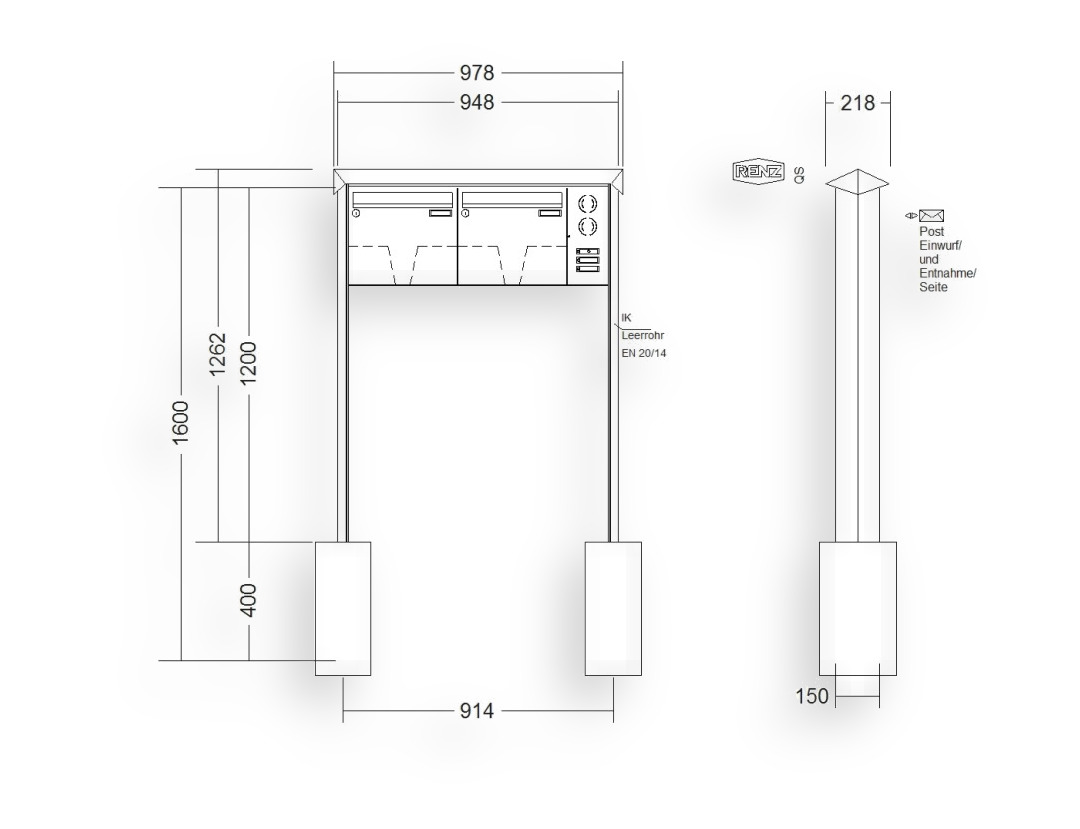 RENZ Briefkastenanlage freistehend · 2-teilig Installationskasten rechts 370 × 330 × 100 mm Edelstahl Prisma RENZ Briefkastenanlage freistehend · 2-teilig Installationskasten rechts 370 × 330 × 100 mm Edelstahl Prisma