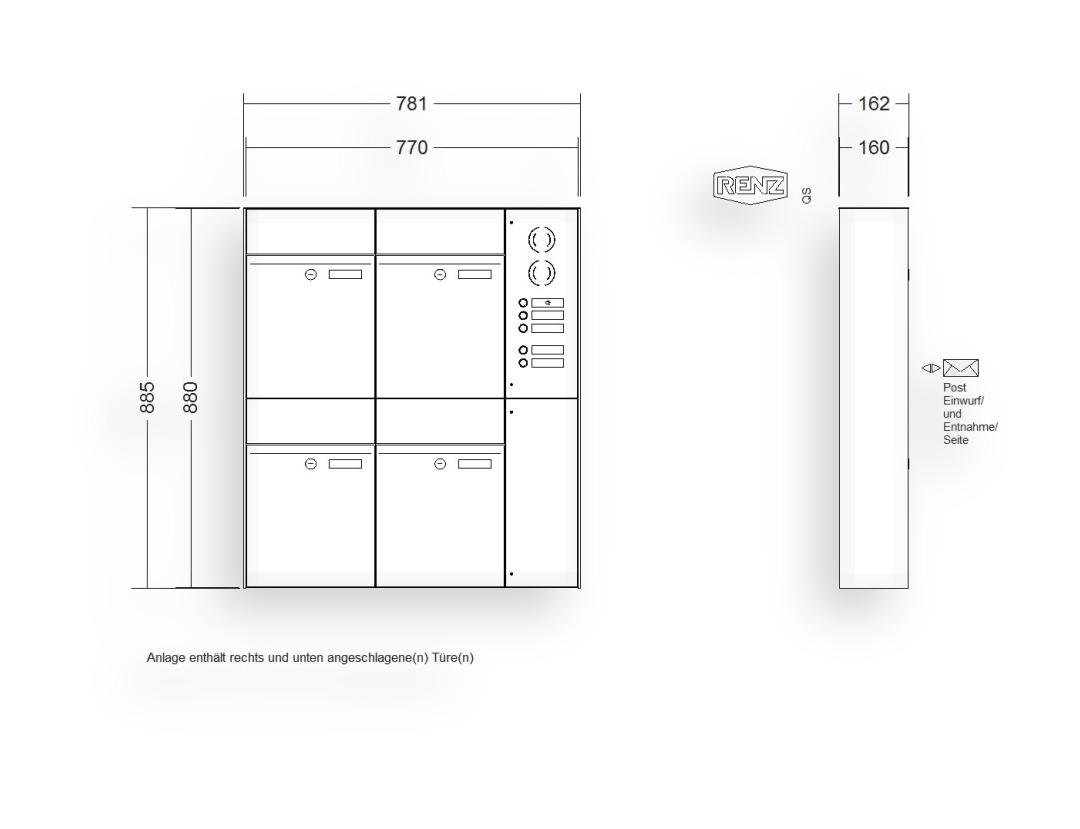 RENZ Briefkastenanlage Aufputz · 4-teilig RENZ PLAN 300 × 440 × 160 mm AP Installationskasten rechts Edel RENZ Briefkastenanlage Aufputz · 4-teilig RENZ PLAN 300 × 440 × 160 mm AP Installationskasten rechts Edel