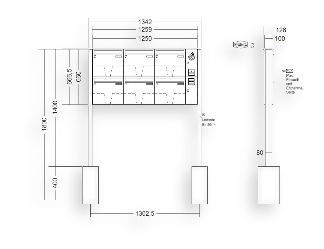 RENZ Briefkastenanlage freistehend · BASIC (B) · 6-teilig 370 × 330 × 100 mm FS. Typ B Installationskasten rechts lackiert RENZ Briefkastenanlage freistehend · BASIC (B) · 6-teilig 370 × 330 × 100 mm FS. Typ B Installationskasten rechts