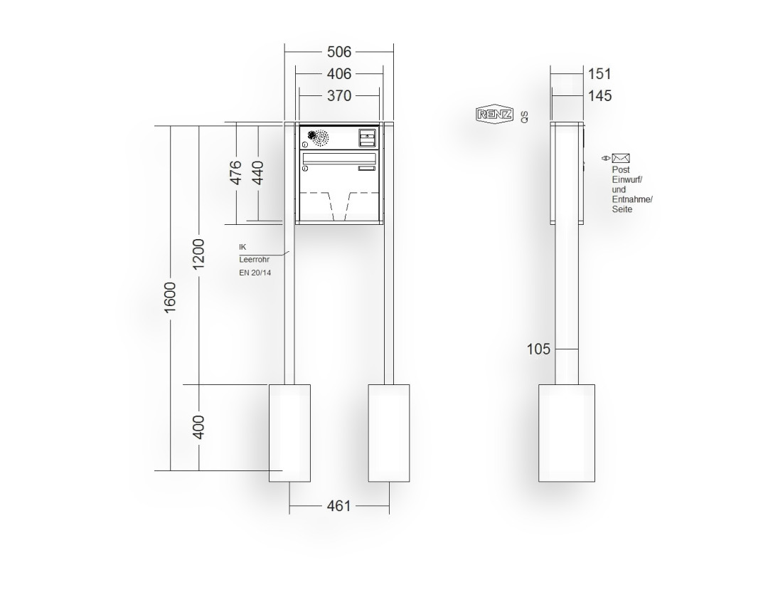 RENZ Briefkastenanlage freistehend · 1-teilig Installationskasten oben 370 × 330 × 145 mm QUADRA lackiert