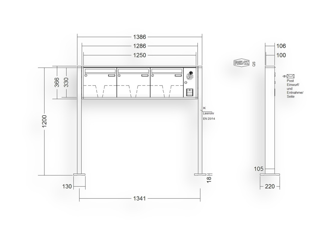 RENZ Briefkastenanlage freistehend · 3-teilig Installationskasten rechts 370 × 330 × 100 mm QUADRA lackiert mit Fußp RENZ Briefkastenanlage freistehend · 3-teilig Installationskasten rechts 370 × 330 × 100 mm QUADRA lackiert mit Fu