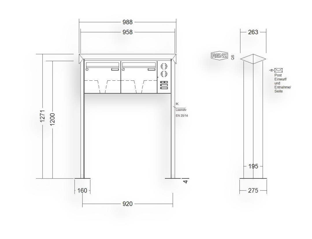 RENZ Briefkastenanlage freistehend · 2-teilig Installationskasten rechts 370 × 330 × 145 mm Edelstahl Prisma mit Fußpla RENZ Briefkastenanlage freistehend · 2-teilig Installationskasten rechts 370 × 330 × 145 mm Edelstahl Prisma mit F