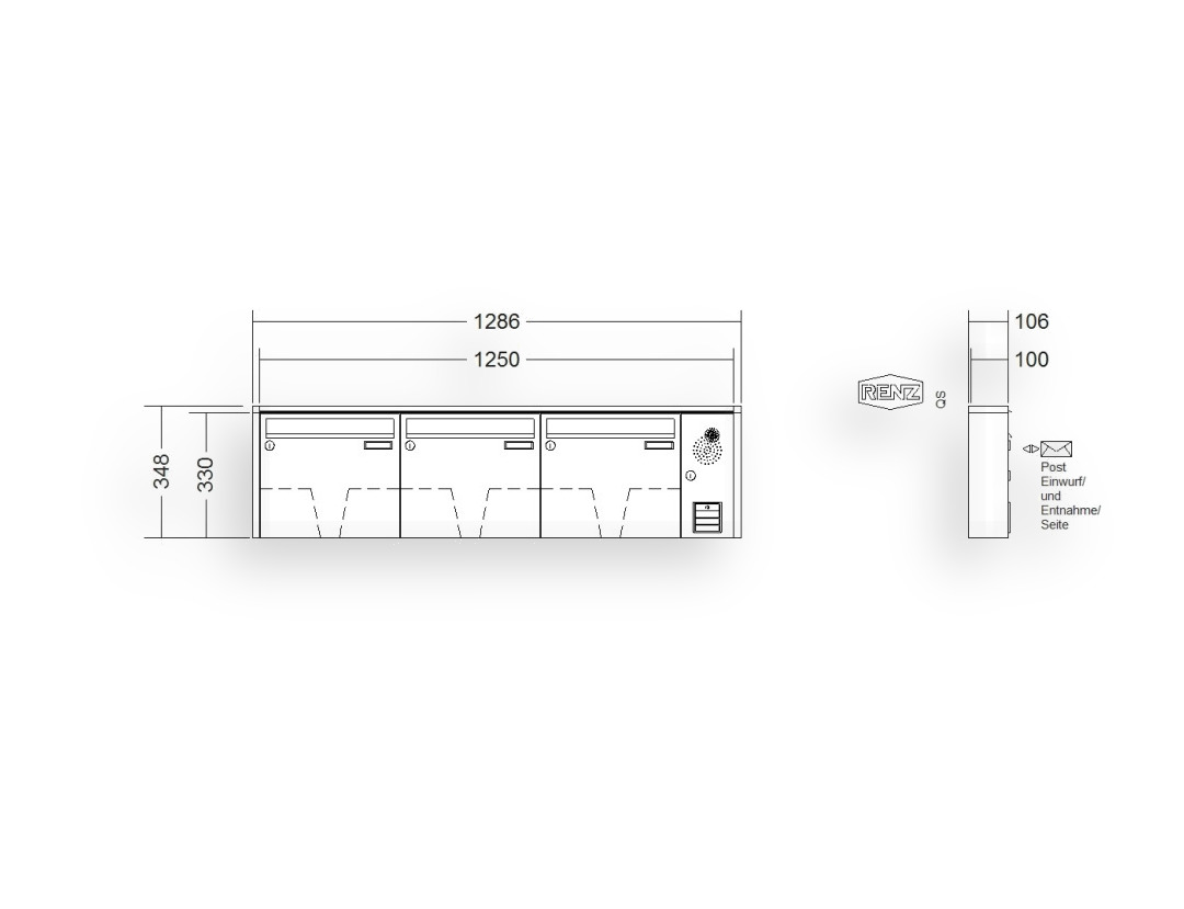 RENZ Briefkastenanlage Aufputz · 3-teilig Installationskasten rechts 370 × 330 × 100 mm QUADRA lackiert RENZ Briefkastenanlage Aufputz · 3-teilig Installationskasten rechts 370 × 330 × 100 mm QUADRA lackiert