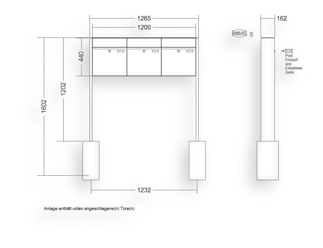 RENZ Briefkastenanlage freistehend · 3-teilig RENZ PLAN 400 × 440 × 160 mm FS lackiert RENZ Briefkastenanlage freistehend · 3-teilig RENZ PLAN 400 × 440 × 160 mm FS lackiert