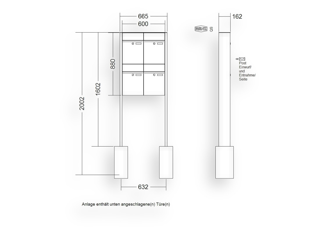 RENZ Briefkastenanlage freistehend · 4-teilig RENZ PLAN 300 × 440 × 160 mm FS lackiert RENZ Briefkastenanlage freistehend · 4-teilig RENZ PLAN 300 × 440 × 160 mm FS lackiert