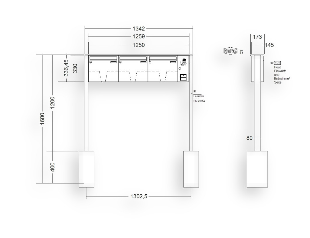 RENZ Briefkastenanlage freistehend · BASIC (B) · 3-teilig 370 × 330 × 145 mm FS. Typ B Installationskasten rechts Edel RENZ Briefkastenanlage freistehend · BASIC (B) · 3-teilig 370 × 330 × 145 mm FS. Typ B Installationskasten rechts
