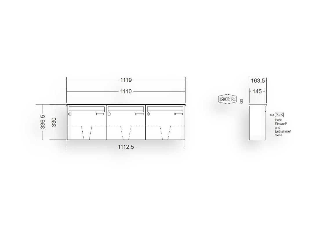 RENZ Briefkastenanlage Aufputz · BASIC (B) · 3-teilig 370 × 330 × 145 mm AP. Typ B lackiert RENZ Briefkastenanlage Aufputz · BASIC (B) · 3-teilig 370 × 330 × 145 mm AP. Typ B lackiert