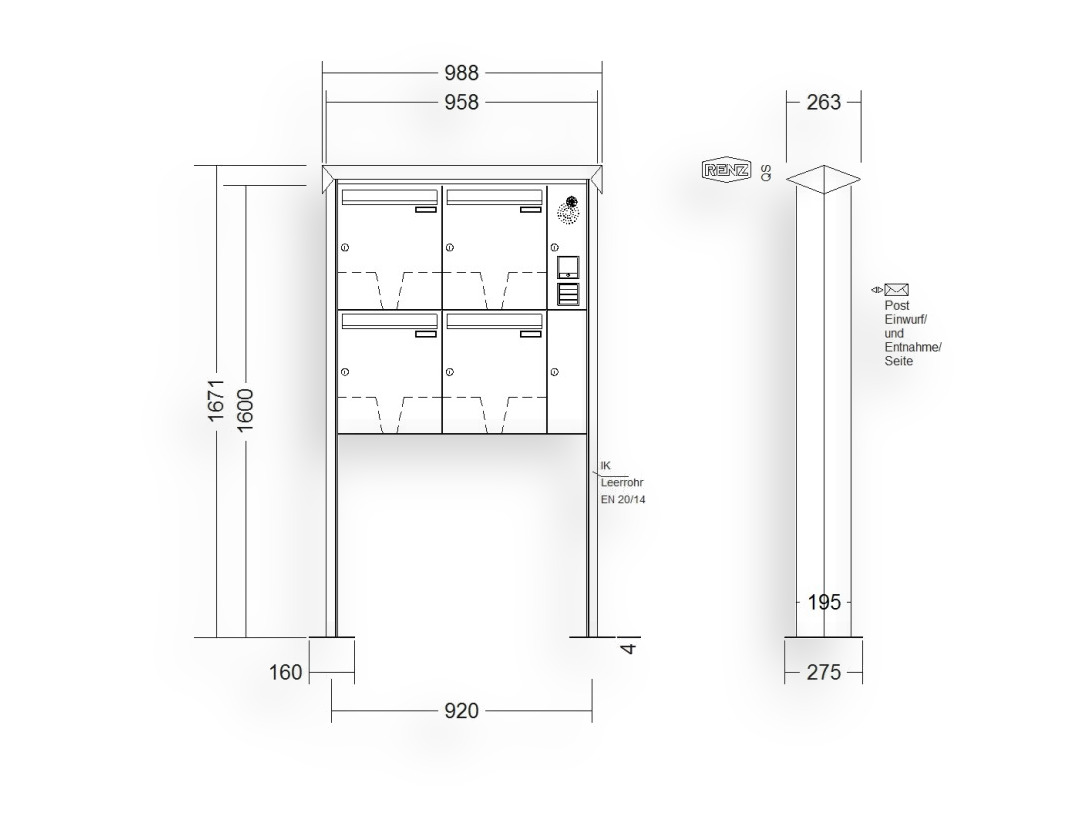 RENZ Briefkastenanlage freistehend · 4-teilig Installationskasten rechts 370 × 440 × 145 mm Prisma lackiert mit Fuß RENZ Briefkastenanlage freistehend · 4-teilig Installationskasten rechts 370 × 440 × 145 mm Prisma lackiert mit Fuß