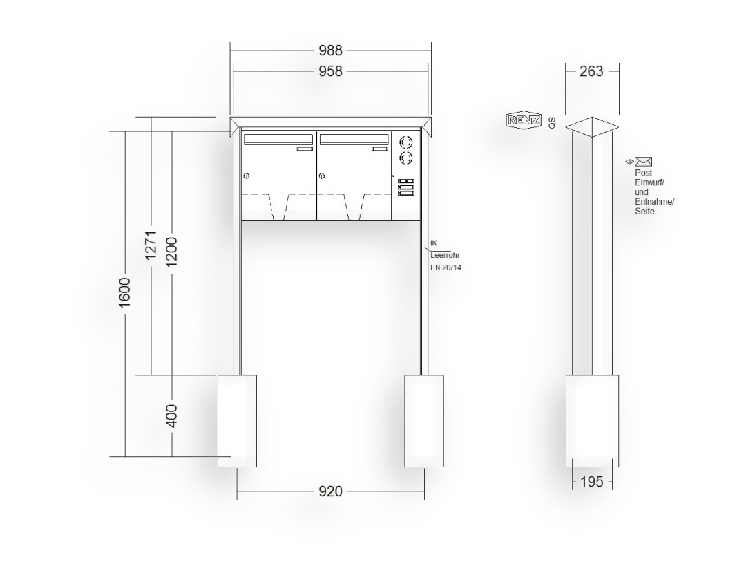 RENZ Briefkastenanlage freistehend · 2-teilig Installationskasten rechts 370 × 440 × 145 mm Edelstahl Prisma RENZ Briefkastenanlage freistehend · 2-teilig Installationskasten rechts 370 × 440 × 145 mm Edelstahl Prisma