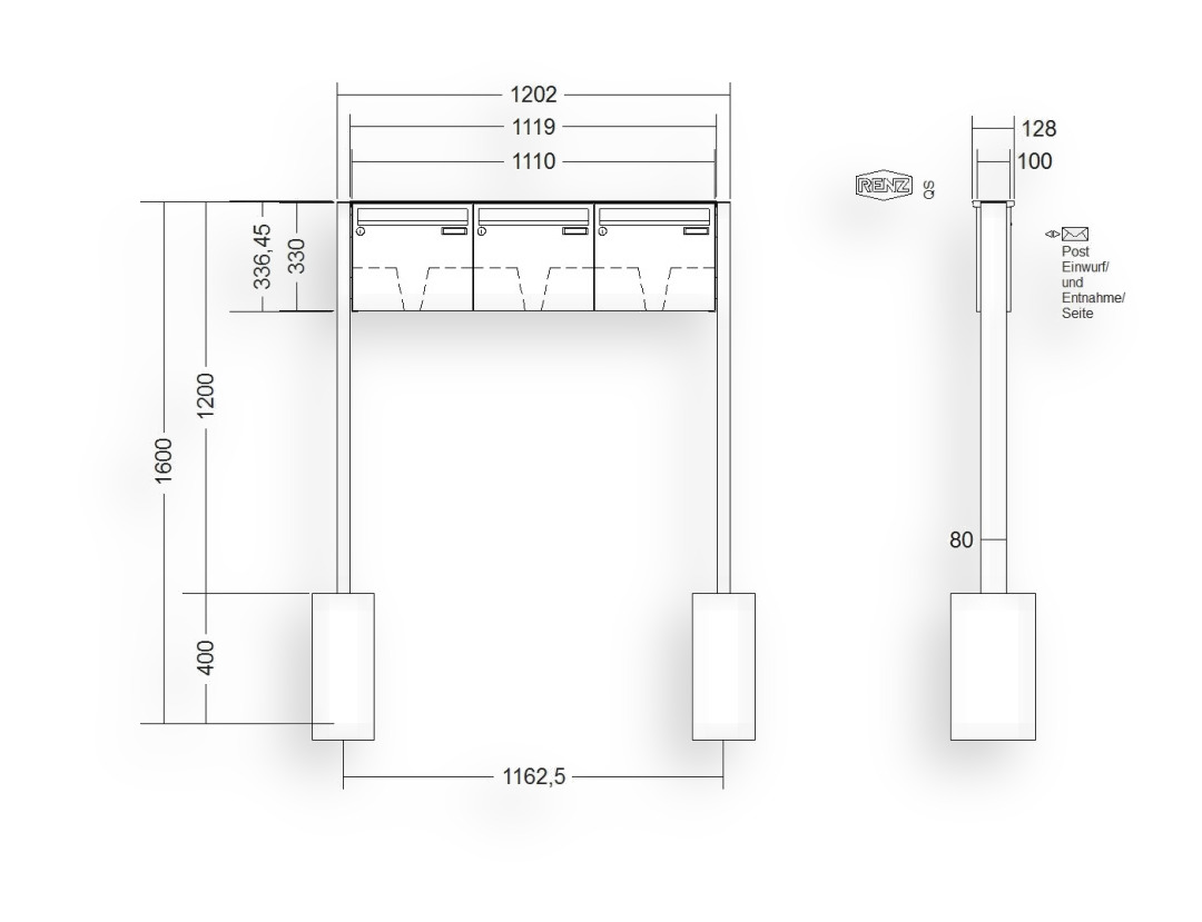 RENZ Briefkastenanlage freistehend · BASIC (B) · 3-teilig 370 × 330 × 100 mm FS. Typ B Edel