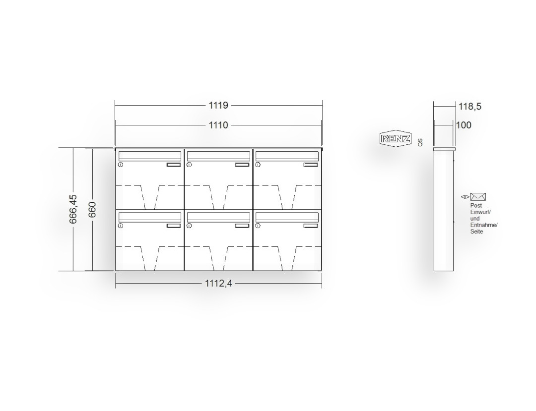 RENZ Briefkastenanlage Aufputz · BASIC (B) · 6-teilig 370 × 330 × 100 mm AP. Typ B Edel RENZ Briefkastenanlage Aufputz · BASIC (B) · 6-teilig 370 × 330 × 100 mm AP. Typ B Edel