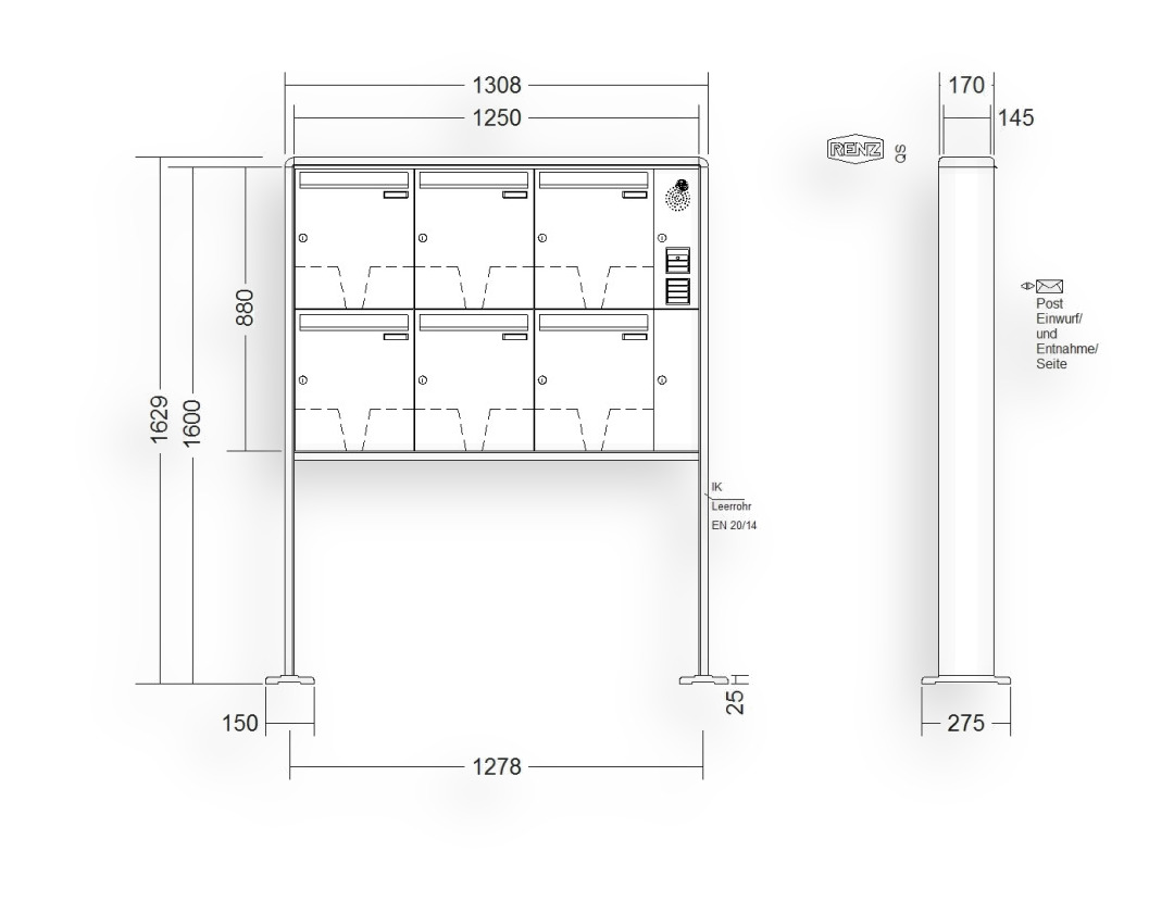 RENZ Briefkastenanlage freistehend · 6-teilig Installationskasten rechts 370 × 440 × 145 mm RS 2000 lackiert mit Fuß RENZ Briefkastenanlage freistehend · 6-teilig Installationskasten rechts 370 × 440 × 145 mm RS 2000 lackiert mit F
