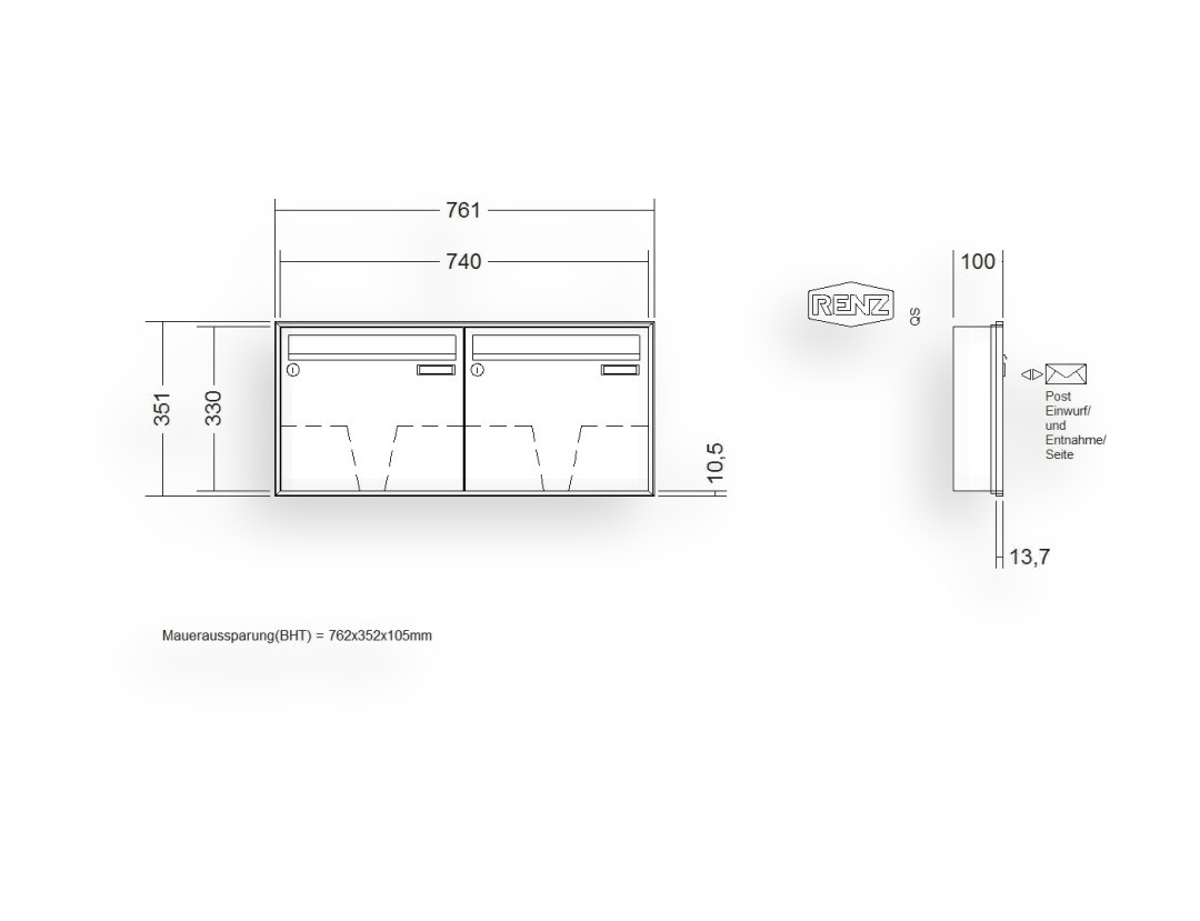 RENZ Briefkastenanlage Unterputz · 2-teilig 370 × 330 × 100 mm Anp. Schattenfugenrahmen la RENZ Briefkastenanlage Unterputz · 2-teilig 370 × 330 × 100 mm Anp. Schattenfugenrahmen la
