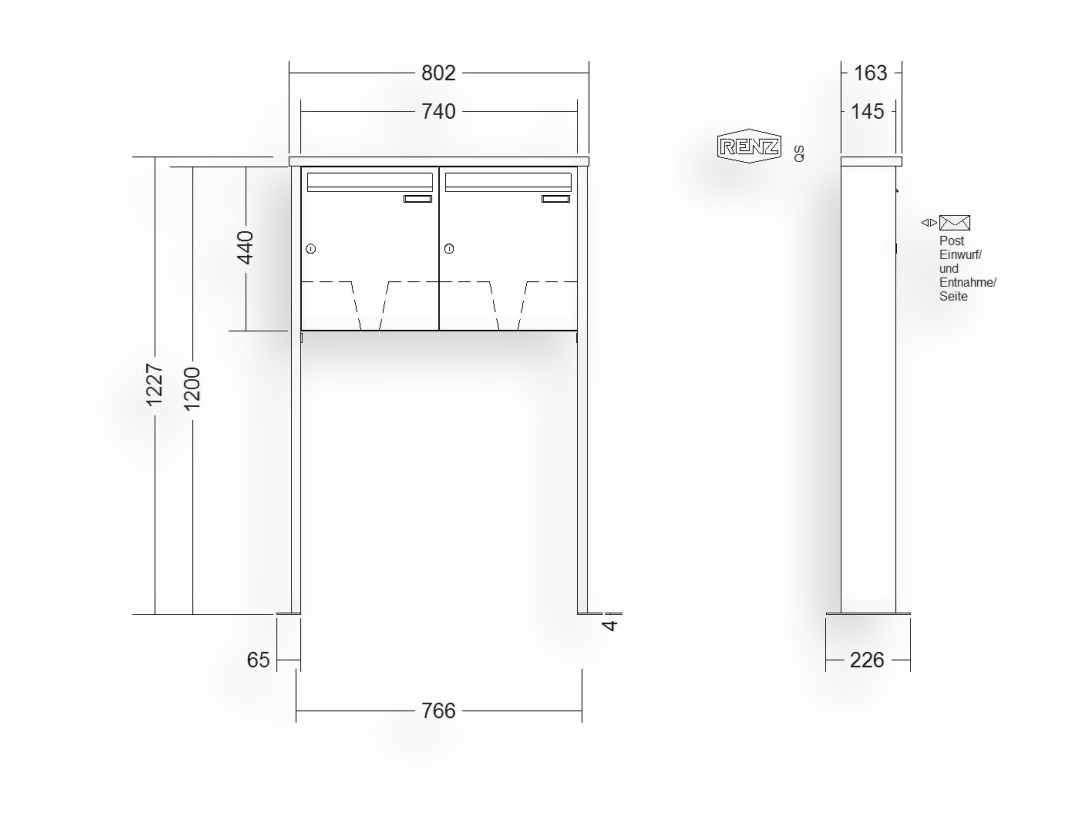 RENZ Briefkastenanlage freistehend · 2-teilig 370 × 440 × 145 mm Edelstahl Tetro mit Fußplatten RENZ Briefkastenanlage freistehend · 2-teilig 370 × 440 × 145 mm Edelstahl Tetro mit Fußplatten