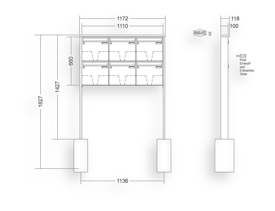 RENZ Briefkastenanlage freistehend · 6-teilig 370 × 330 × 100 mm Edelstahl Tetro RENZ Briefkastenanlage freistehend · 6-teilig 370 × 330 × 100 mm Edelstahl Tetro