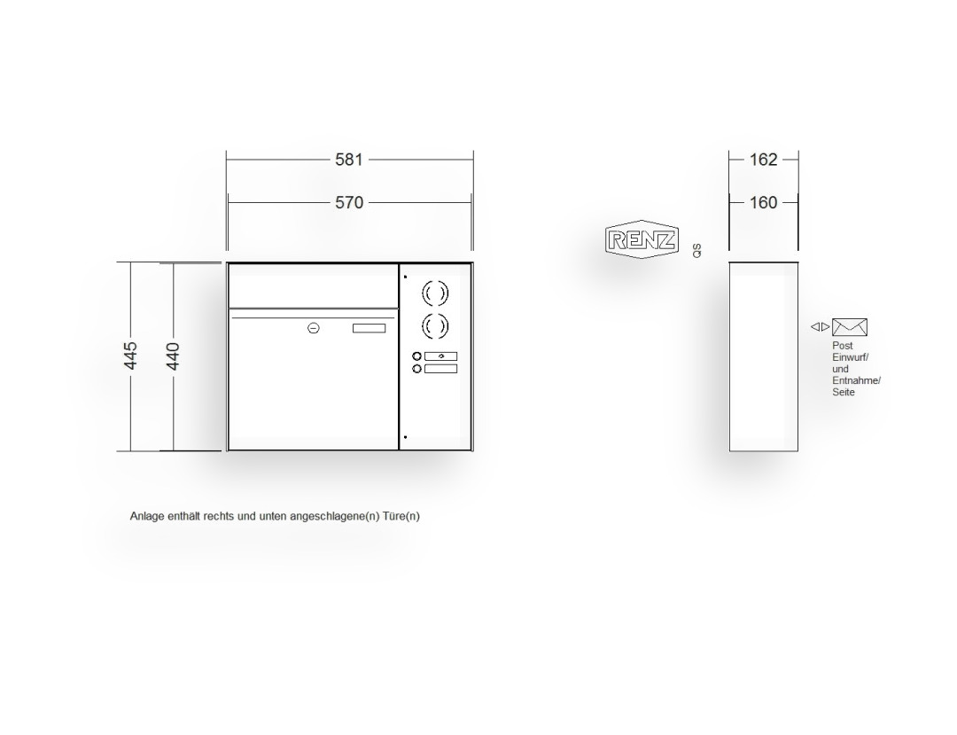 RENZ Briefkastenanlage Aufputz · 1-teilig RENZ PLAN 400 × 440 × 160 mm AP Installationskasten rechts Edel RENZ Briefkastenanlage Aufputz · 1-teilig RENZ PLAN 400 × 440 × 160 mm AP Installationskasten rechts Edel