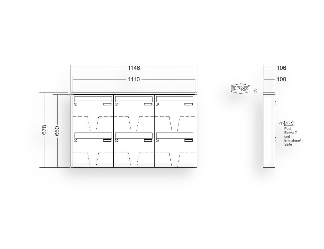 RENZ Briefkastenanlage Aufputz · 6-teilig 370 × 330 × 100 mm QUADRA lackiert RENZ Briefkastenanlage Aufputz · 6-teilig 370 × 330 × 100 mm QUADRA lackiert
