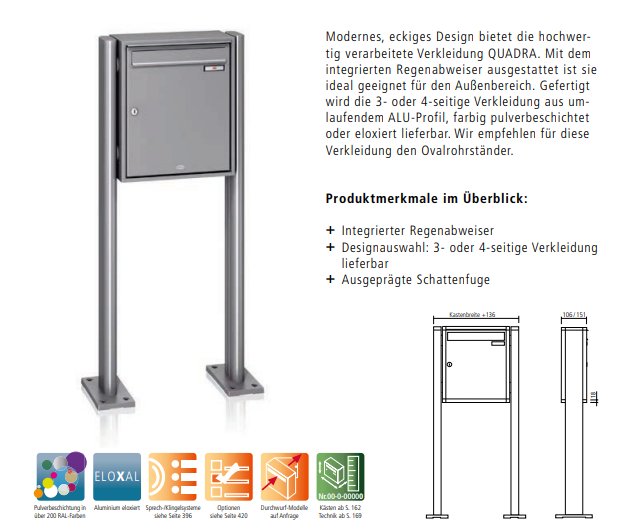 RENZ QUADRA freistehende Briefkastenanlage – Katalogbild mit technischer Zeichnung, 4-seitige ALU-Profil-Verkleidung