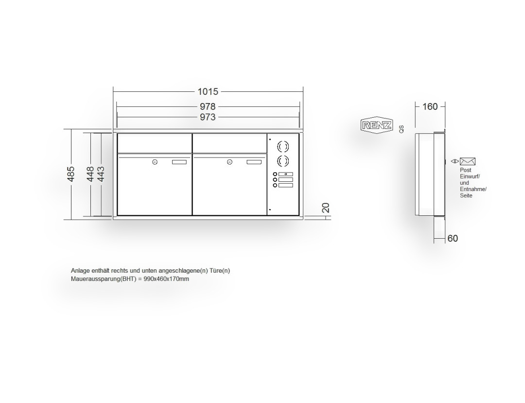 RENZ Briefkastenanlage Unterputz · 2-teilig RENZ PLAN 400 × 440 × 160 mm UP Installationskasten rechts lackiert RENZ Briefkastenanlage Unterputz · 2-teilig RENZ PLAN 400 × 440 × 160 mm UP Installationskasten rechts lackiert