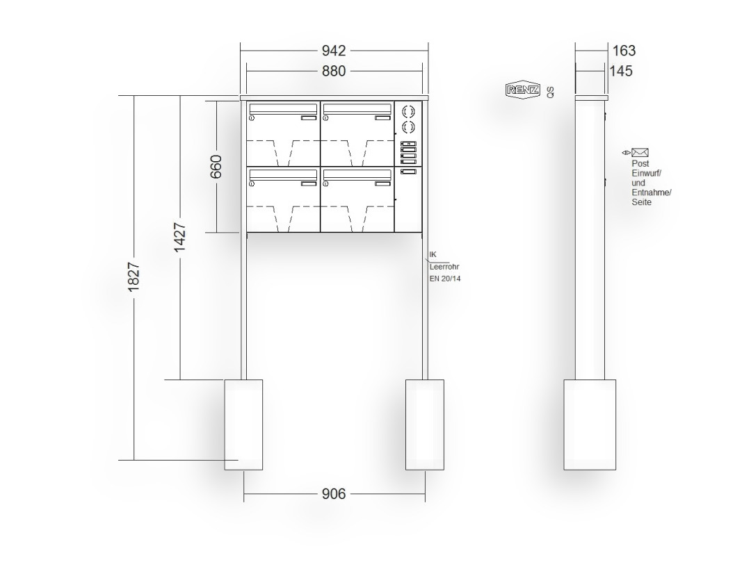 RENZ Briefkastenanlage freistehend · 4-teilig Installationskasten rechts 370 × 330 × 145 mm Edelstahl Tetro RENZ Briefkastenanlage freistehend · 4-teilig Installationskasten rechts 370 × 330 × 145 mm Edelstahl Tetro