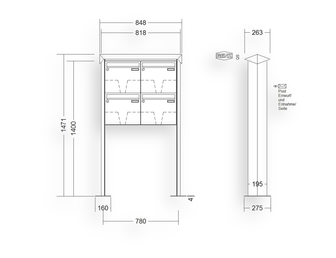 RENZ Briefkastenanlage freistehend · 4-teilig 370 × 330 × 145 mm Edelstahl Prisma mit Fußplatten RENZ Briefkastenanlage freistehend · 4-teilig 370 × 330 × 145 mm Edelstahl Prisma mit Fußplatten