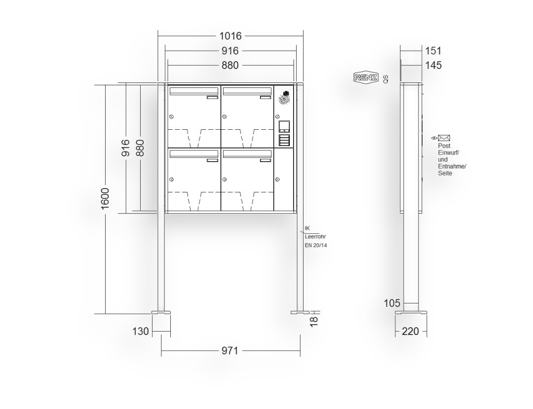 RENZ Briefkastenanlage freistehend · 4-teilig Installationskasten rechts 370 × 440 × 145 mm QUADRA lackiert mit Fuß RENZ Briefkastenanlage freistehend · 4-teilig Installationskasten rechts 370 × 440 × 145 mm QUADRA lackiert mit Fuß