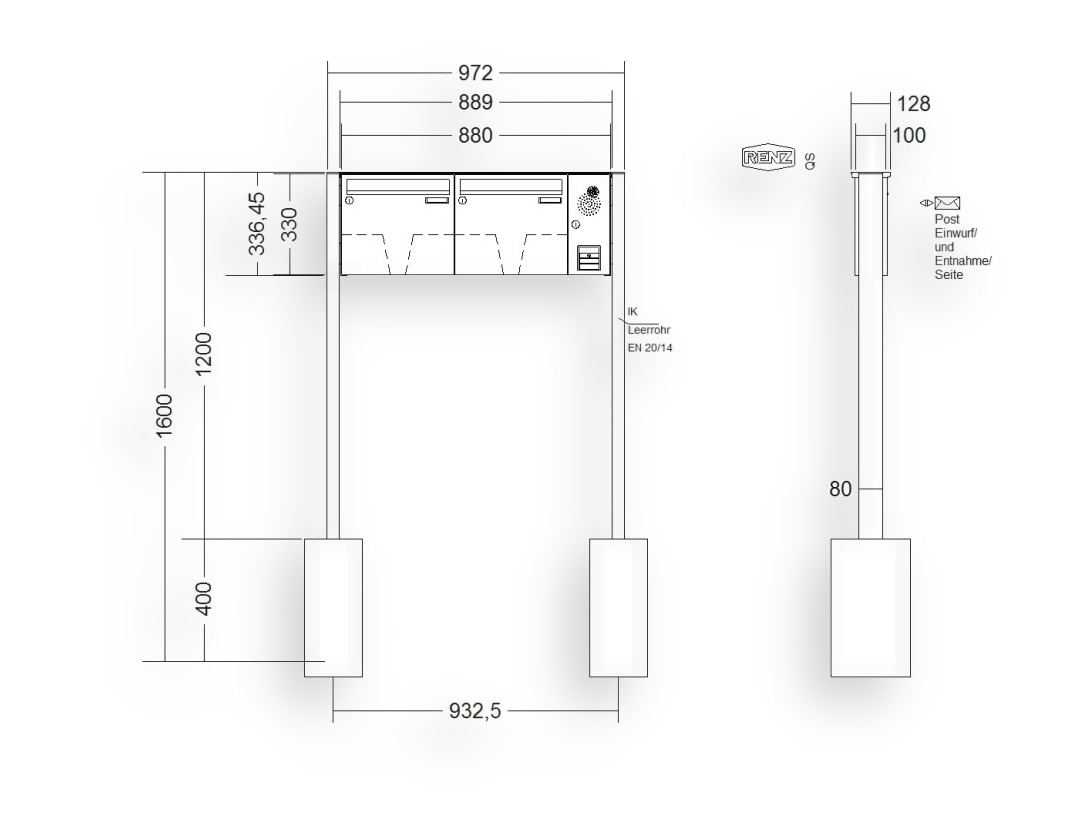 RENZ Briefkastenanlage freistehend · BASIC (B) · 2-teilig 370 × 330 × 100 mm FS. Typ B Installationskasten rechts