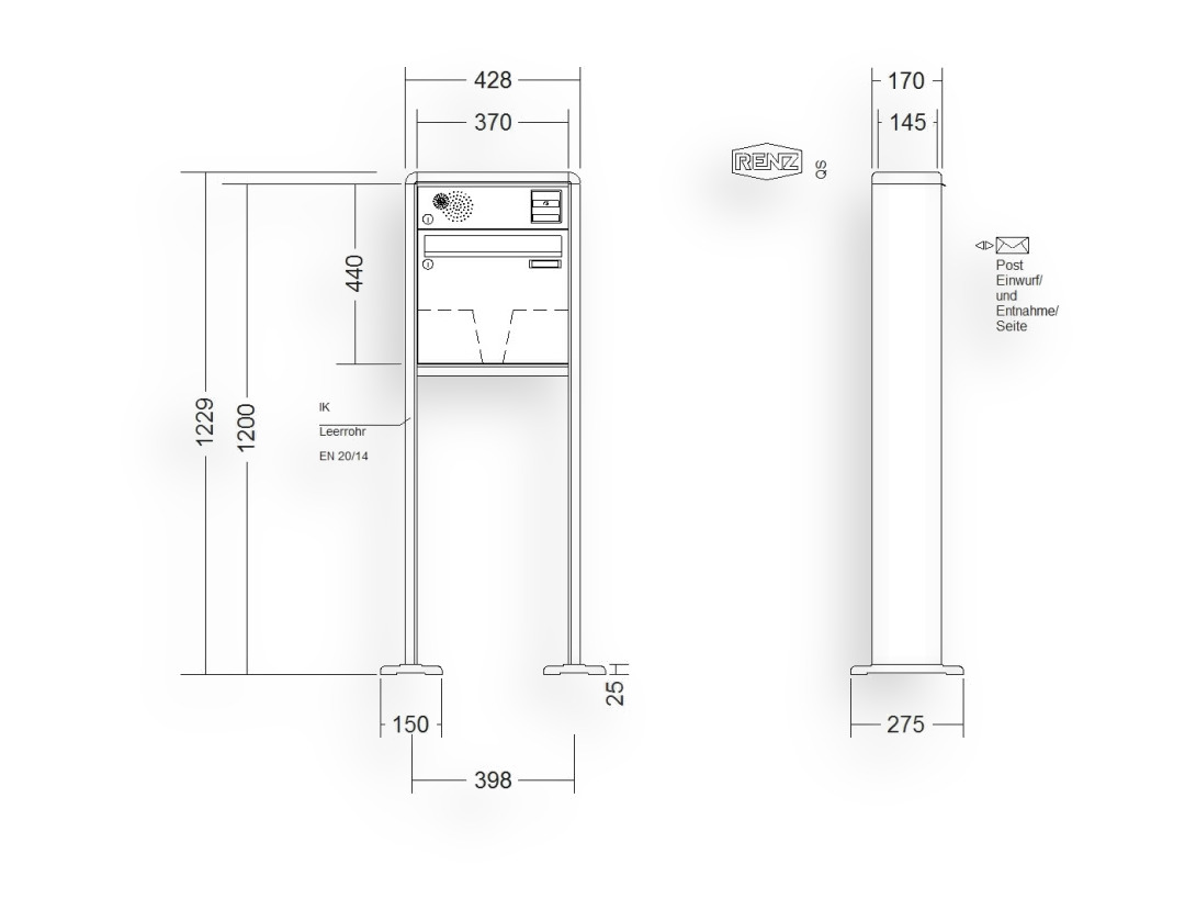 RENZ Briefkastenanlage freistehend · 1-teilig Installationskasten oben 370 × 330 × 145 mm RS 2000 lackiert mit Fuß RENZ Briefkastenanlage freistehend · 1-teilig Installationskasten oben 370 × 330 × 145 mm RS 2000 lackiert mit Fuß