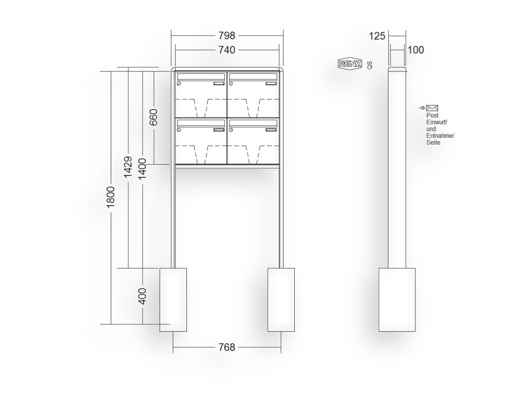 RENZ Briefkastenanlage freistehend · 4-teilig 370 × 330 × 100 mm RS 2000 lackiert RENZ Briefkastenanlage freistehend · 4-teilig 370 × 330 × 100 mm RS 2000 lackiert